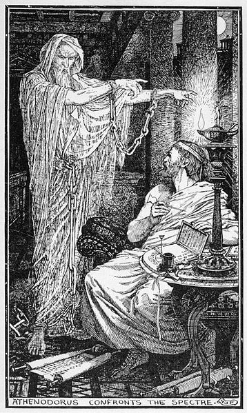 The Greek Stoic philosopher Athenodorus rents a haunted house. (Drawing by Henry Justice Ford, circa 1900)