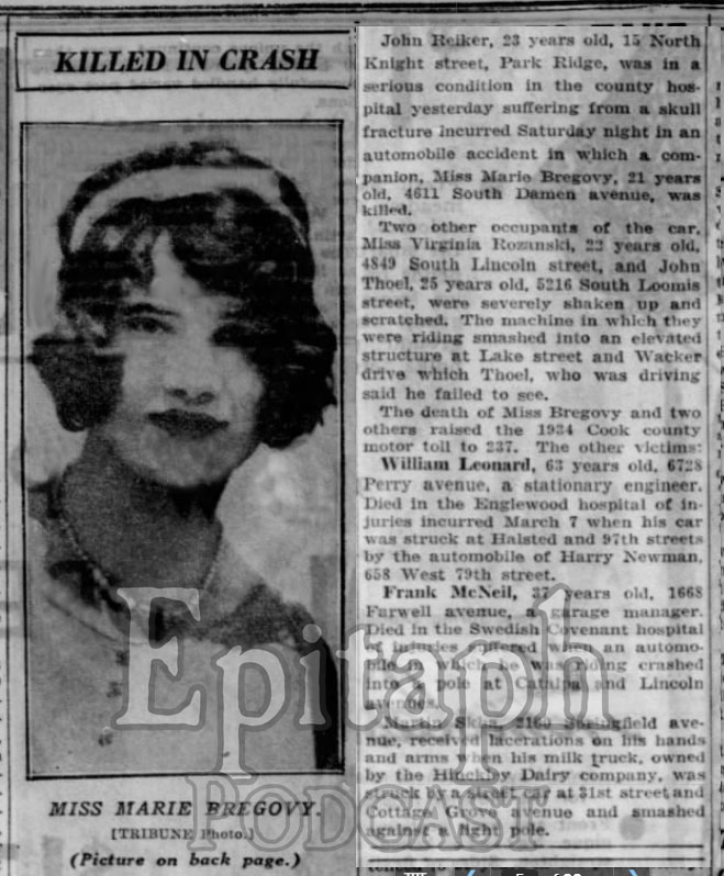 Article: Chicago Tribune article from March 12, 1934 describing the accident which killed Mary Bregovy (Source: Newspapers.com).